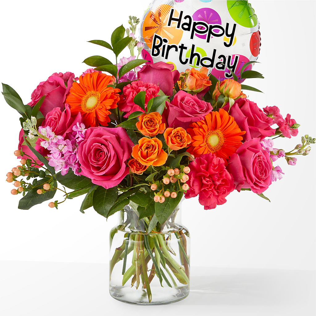 Fiesta Bouquet with Birthday Balloon – Fleuriste Lily-rose, Magog PQ