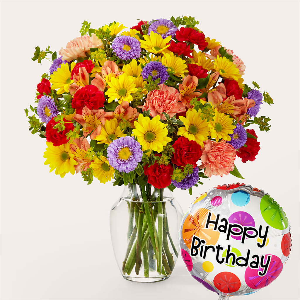 Kaleidoscope Bouquet with Birthday Balloon – Fleuriste Lily-rose, Magog PQ