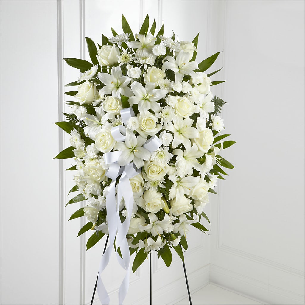 Exquisite Tribute Standing Spray-White Ribbon – Fleuriste Lily-rose, Magog PQ