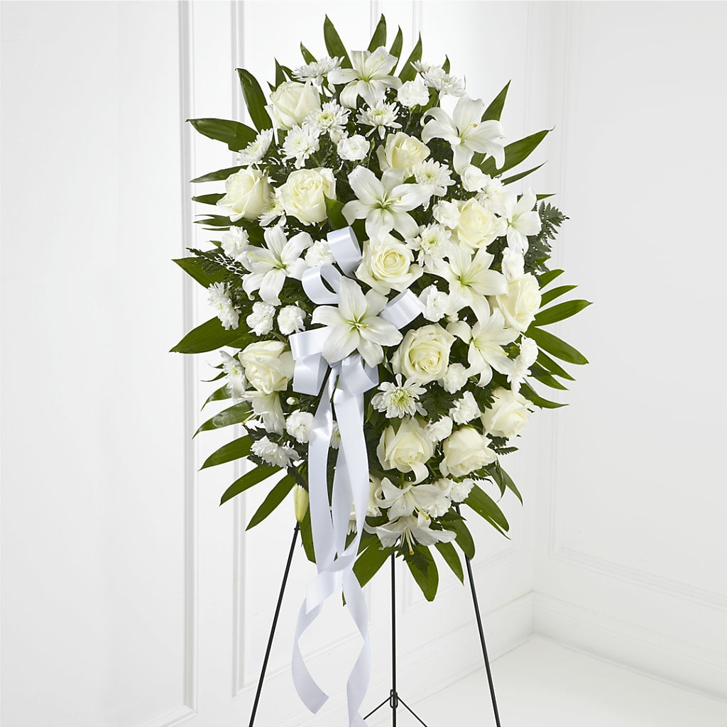 Exquisite Tribute Standing Spray-White Ribbon – Fleuriste Lily-rose, Magog PQ