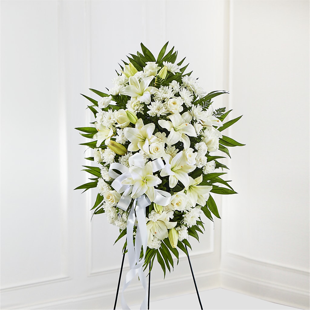 Exquisite Tribute Standing Spray-White Ribbon – Fleuriste Lily-rose, Magog PQ