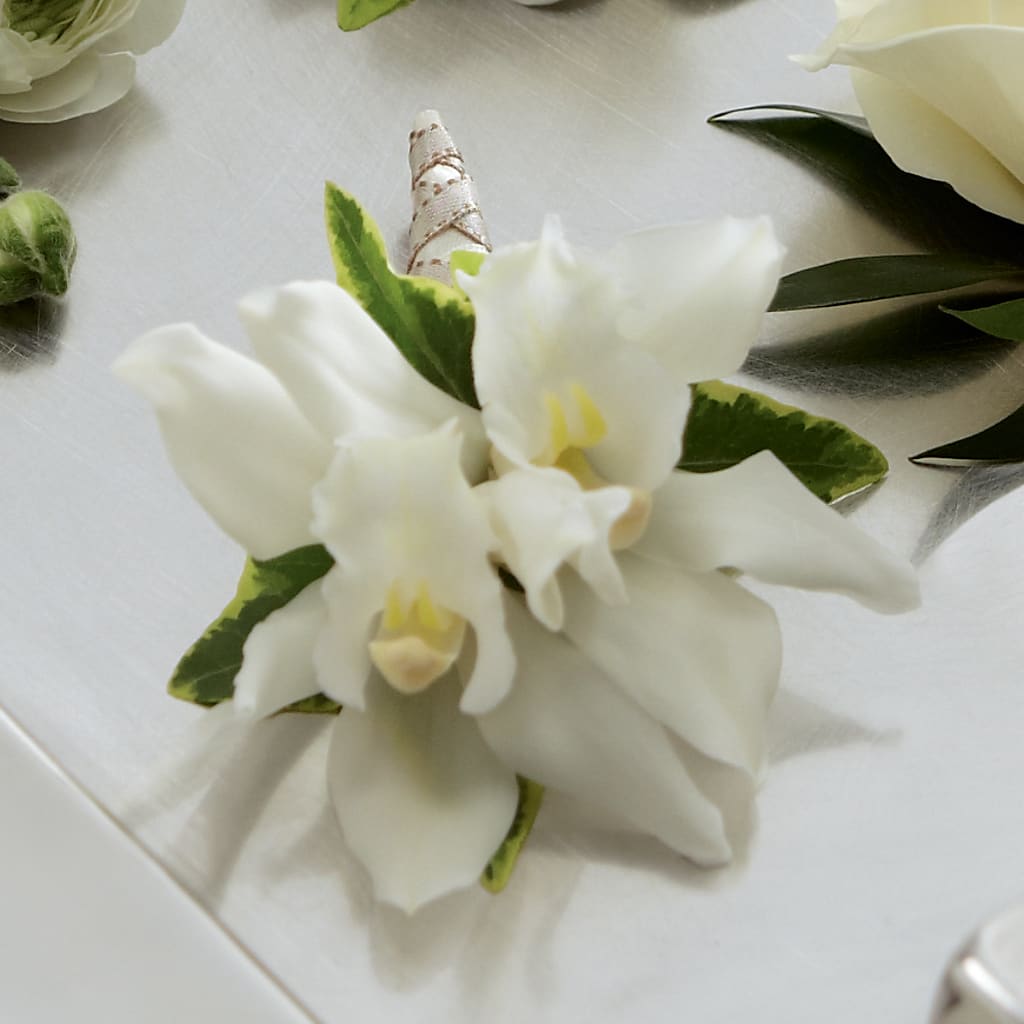 White Mini Cymbidium Boutonniere – Fleuriste Lily-rose, Magog PQ